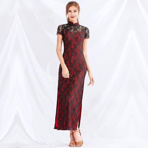 

female belly dance costume women dancer practice clothes oriental dance cheongsam black lace red short sleeve dress dql24921, Black;red