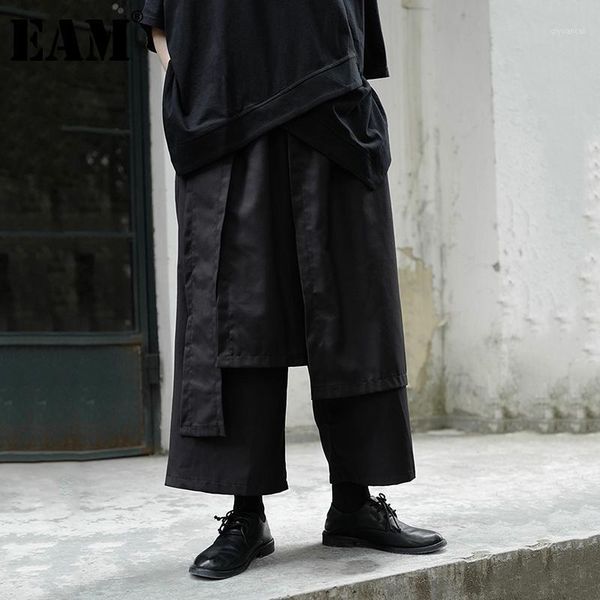 

eam] high elastic waist black false two wide leg trousers new loose fit pants women fashion tide spring autumn 2020 1db1761, Black;white