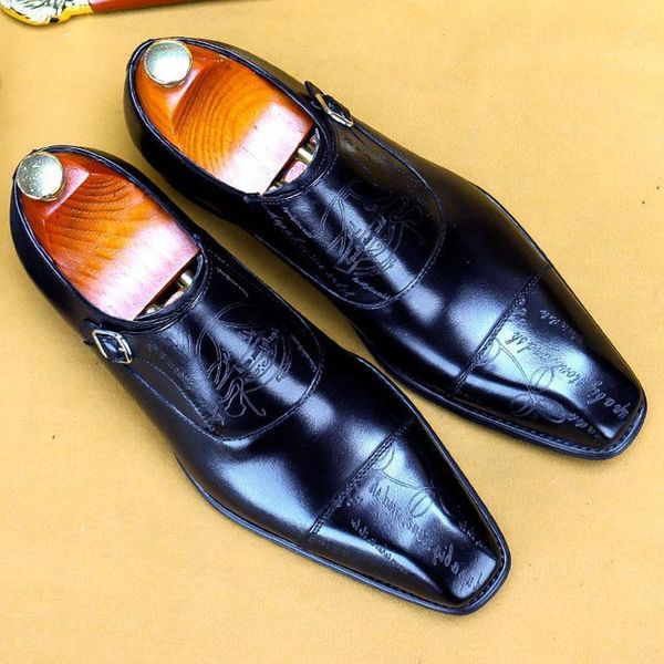

black genuine leather formal dress man monk strap oxford shoe italian square head carving fashion men's wedding party footwear1