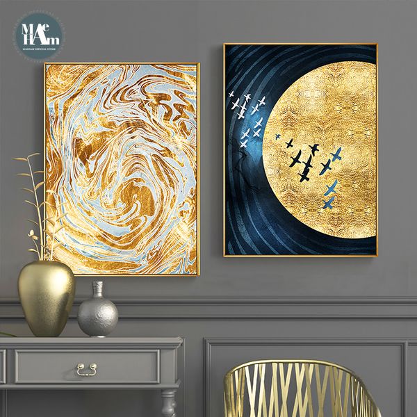 

golden mountain abstract geometric gold foil lines wall poster print modern canvas painting art living room home decor pictures