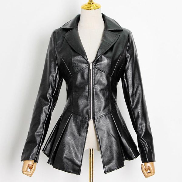 

seebeautiful pu leather stitching ruffles hem jacket coat lapel long sleeve zipper new fashion 2021 autumn winter women m197, Black;brown