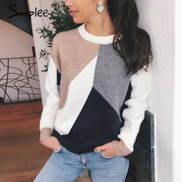 

simplee casual patchwork pullover sweater knitted o-neck long sleeve women sweater 2020 england ladies chic warm winter1, White;black