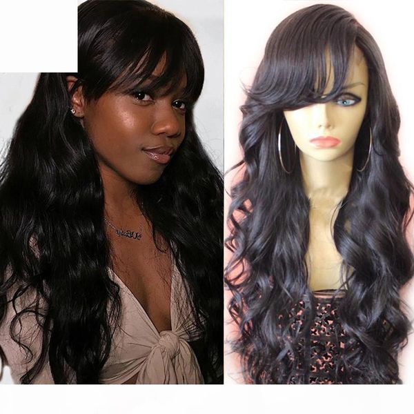

8-26 inch human hair silk wigs with bangs body wave hair brazilian remy hair wig 5*5'' silk base lace front wig, Black;brown