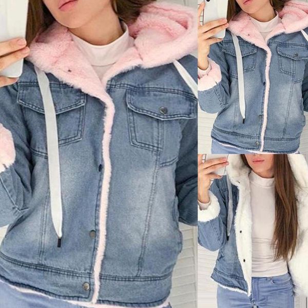 

women thick denim jacket with fur winter jeans hooded velvet coats female korean style lamb coat fashion outwear chaqueta mujer1, Black;brown