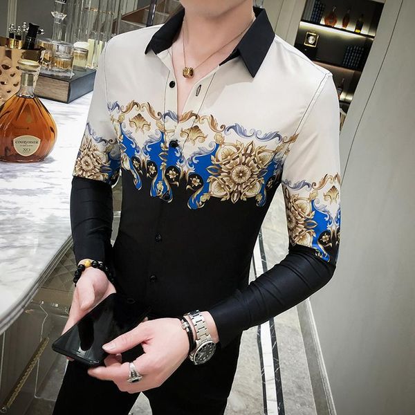 

men's casual shirts -3xl korean digital print long sleeve men shirt 2021 slim fit mens dress all match night club prom tuxedo, White;black