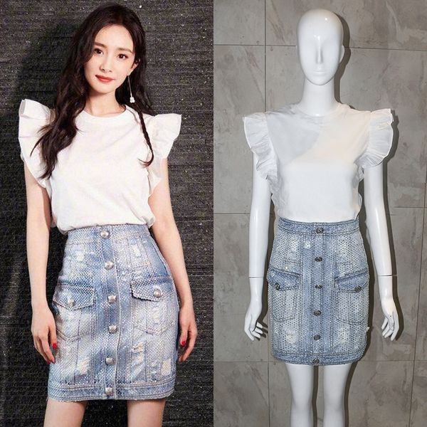 

vxeq7 white yang t-shirt floral mi skirt star collar floral tiktok sleeve t-shirt jeans skirt half skirtbvuyb, Gray