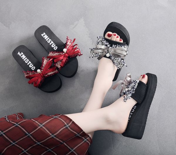 

6 cm high heel womens flip flops ladies casual sandals and slippers female clip feet non-slip wild wedge heel beach shoes, Black