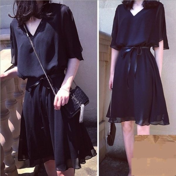 

cya9v large size women's clothing ct sizewomen's clothing fat mm2020 summer sleeve short chiffon mid-length slim v-neck meat dress, Black;gray