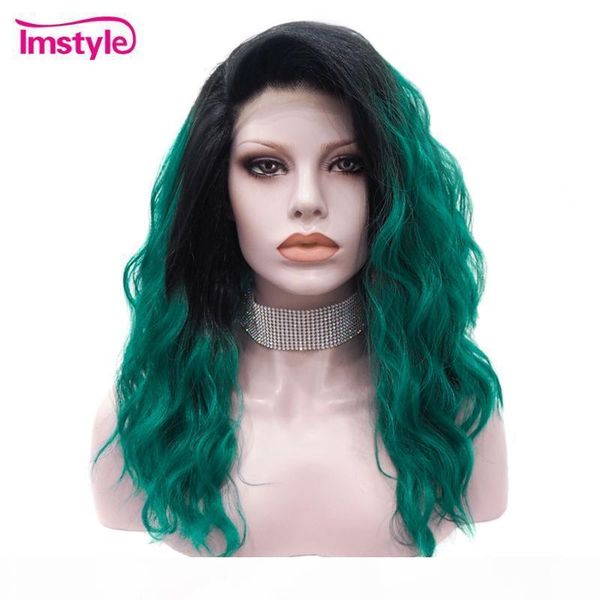 

imstyle green wig black root synthetic lace front wig natural wave wigs for women heat resistant fiber two tone cosplay