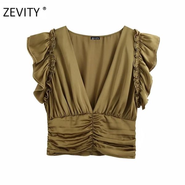 

zevity new women fashion v neck cascading ruffle short smock blouse female hem pleated casual slim shirt chic blusas ls7040, White
