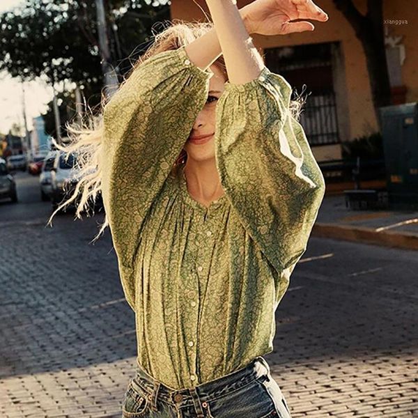 

green floral print womens shirt o-neck single-breasted blouse 2021 new lantern sleeve femme shirts and casual1, White