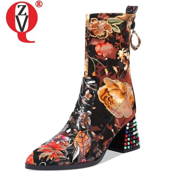 

boots zvq winter fashion mid calf outside high heels pointed toe kid suede crystal women shoes drop size 33-40, Black