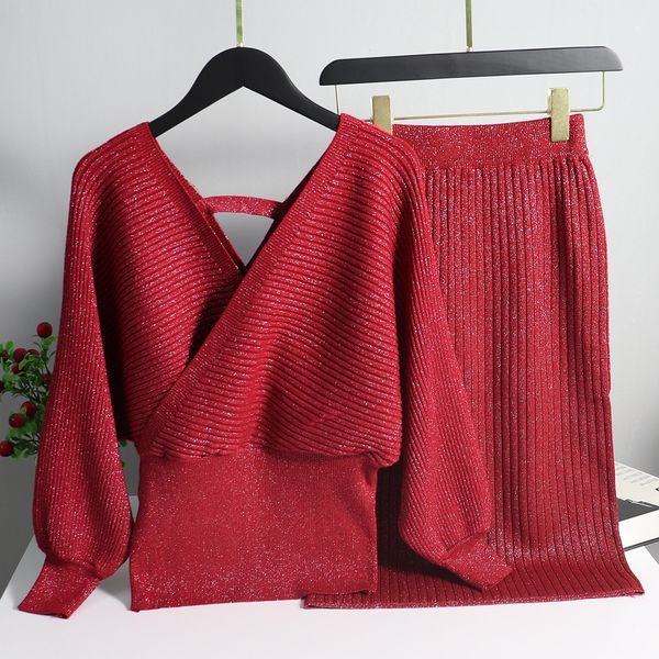 

2021 new 2 pieces set knitted pullover sweater shinning knit jumper and skirt suits fashion v neck tracksuits nrmy, White