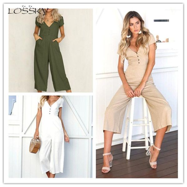 

lossky women jumpsuit summer button v-neck short sleeve slim holiday long jumpsuit pants white wide leg loose1, Black;white