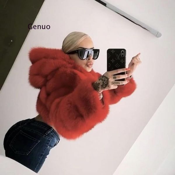 

cropped fur faux fur coats and jackets women fluffy coat with hood winter jacket coat female 2020 new, Black