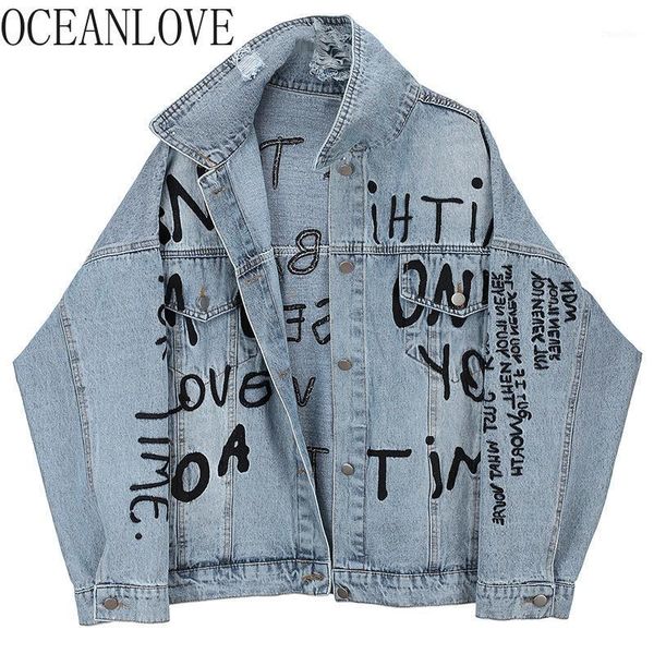 

oceanlove denim jacket women letters streetwear fashion solid women jacket 2020 spring retro ins chaqueta student loose 141591, Black;brown