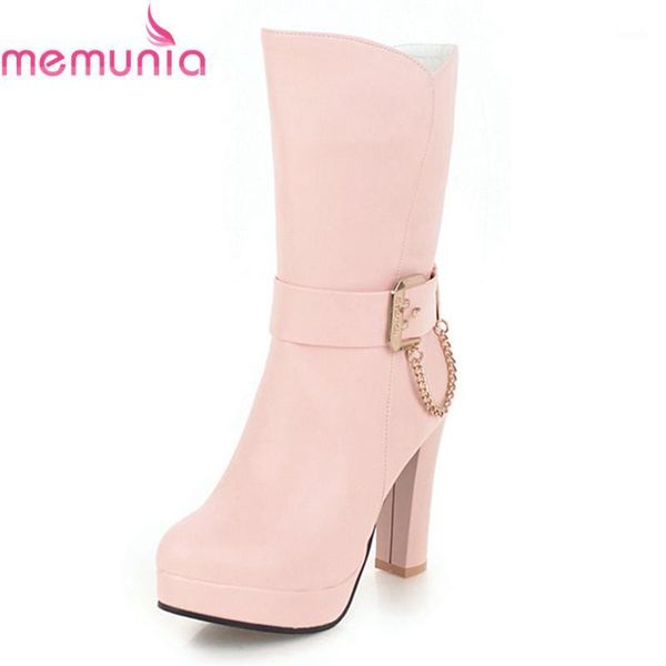 

boots memunia arrival 2021 pu leather with buckle round toe mid calf zip women's thick heels big size 33-431, Black