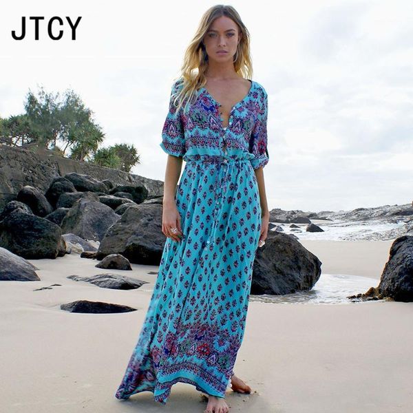 

jtcy plus size floral chiffon bohemia beach dress 2018 fashion women summer sundress v-neck split stylish style party dress1, Black;gray
