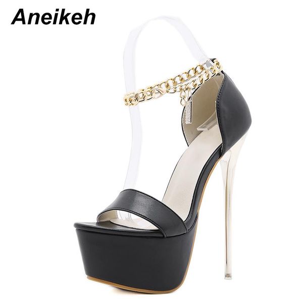 

aneikeh 2021 summer fashion british style pu metal decoratio platform sandalias head peep toe thin high heels women's shoes, Black