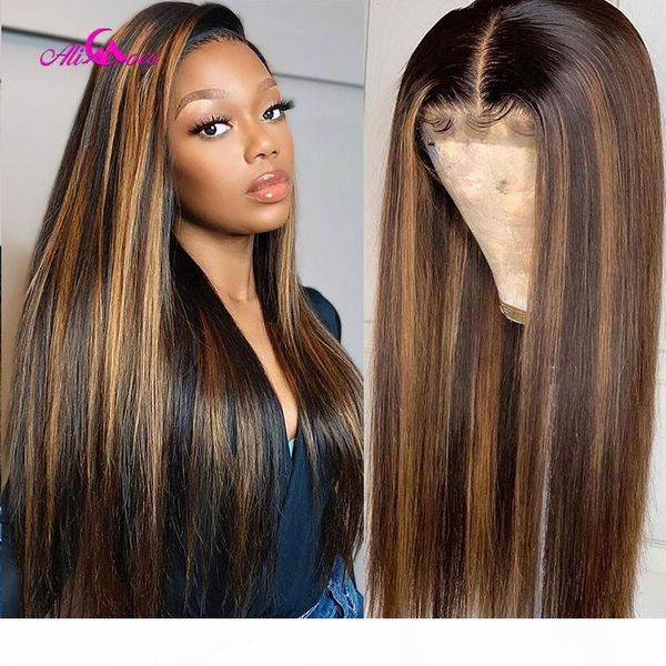 

transparent highlight colored human hair wigs pre plucked lace front human hair wigs ombre frontal wig for black women, Black;brown