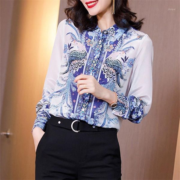 

korea long sleeve v-neck chiffon women blouse elegant office shirts ladies autumn vintage printed blouses blusas mujer1, White