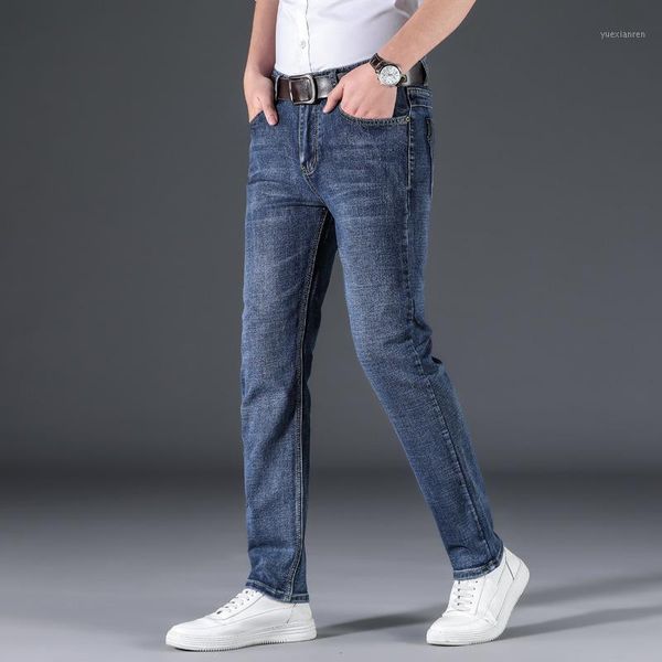 

men spring autumn chinese fashion solid color slim fit straight denim jeans male middle waist casual classical simple trousers1, Blue
