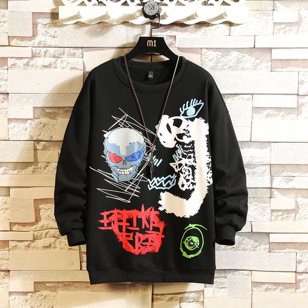

2021 new hip hop sweatshirt men skull printed fit pullover casual high street long sleeve o-neck hoodies fashion streetwea 5kqm, Black