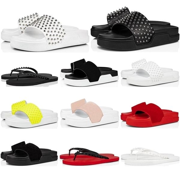 

2020 red bottoms flip flops leather slippers slides sandals men women triple black white yellow pink spikes mens outdoor beach sandals