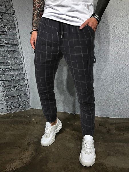 

men plaid print drawstring waist skinny pants q83m#, Black