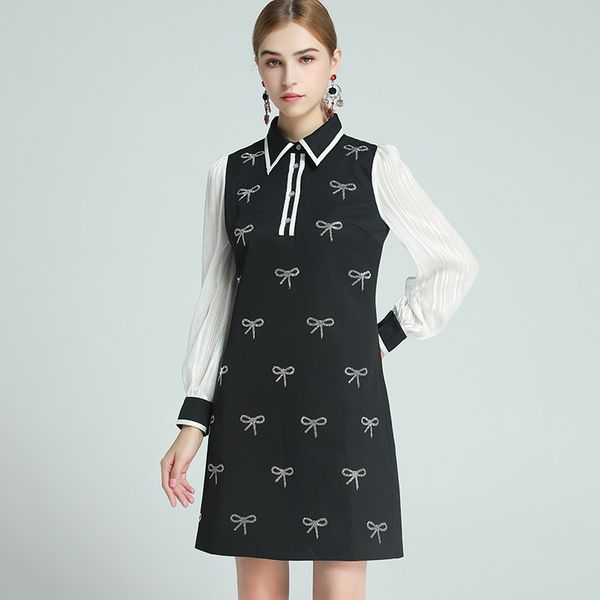 

1010 2020 brand same style dress long sleeve lapel neck womens clothes flora print bow luxury fashion dress yimi, Black