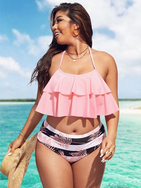 

plus plant print tiered layer bikini swimsuit k8cn#, Black