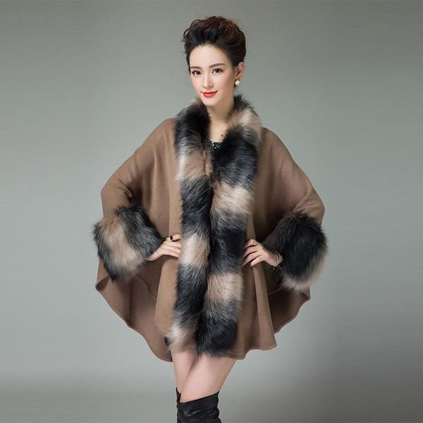 

women's fur & faux winter 2021 elegant women mix color coat fashion warm long knitted cape, Black