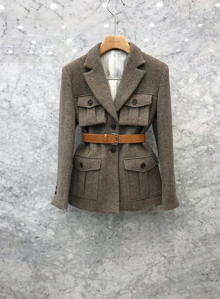 Novo design moda feminina casaco de lã cor marrom gola virada para baixo faixas cintura fina casacos de lã SMLXLXXL