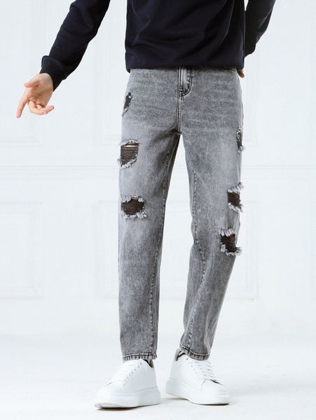 

men ripped raw trim cat whisker jeans v1ji#, Blue