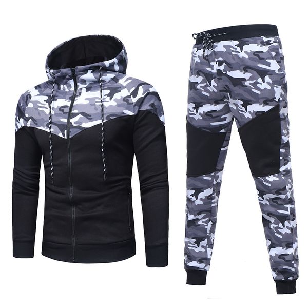 

2020 men's sets autumn winter camouflage pants sets sports fashion suit tracksuit tracks casual new men hooded blouse pants, Gray