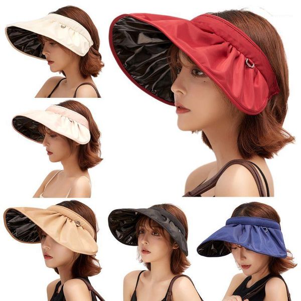 

women summer solid color empty sun hat uv protection large wide brim shell shaped foldable outdoor beach visor cap1, Blue;gray