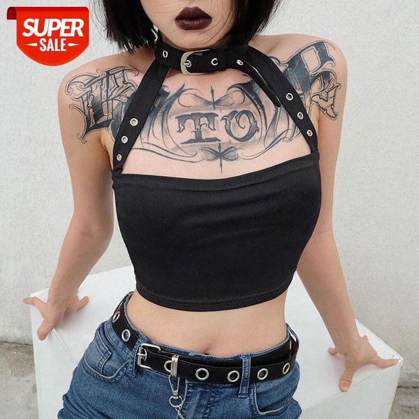 

goth dark crop for women gothic halter cropped slim waist eyelet strap solid punk grunge backless cotton tank 2020 #f70x, White