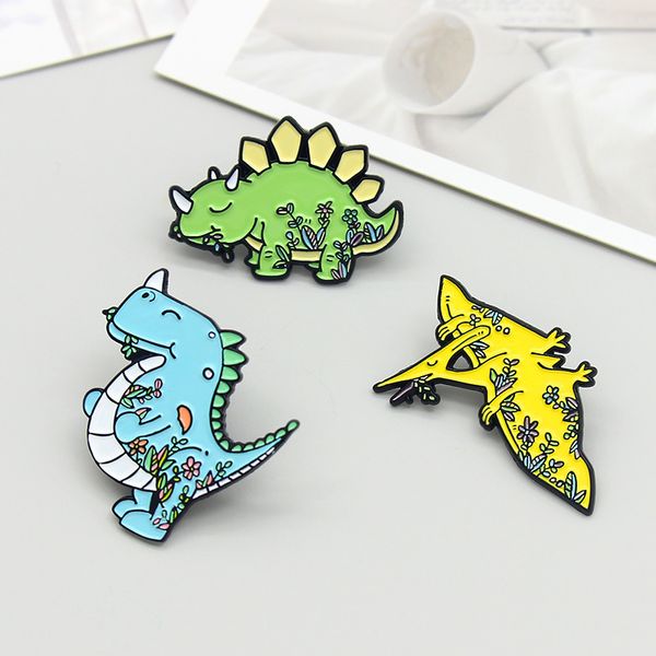 

vegetarian ancient dinosaurs enamel brooch tyrannosaurus rex stegosaurus pterosaur lapel pin backpack clothing custom badge gift, Blue