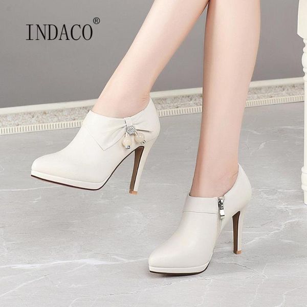 

boots autumn platoform leather ankle for woman thick high heel fashion design shoes pointed toe 10.5cm, Black