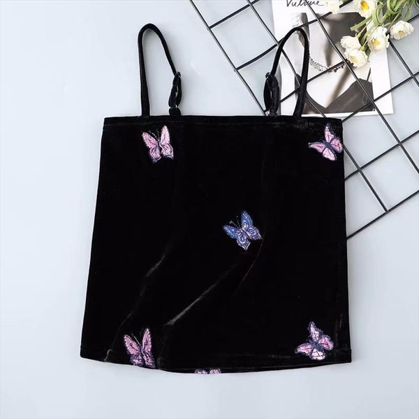 

velvet spaghetti straps shoulder butterfly bralette crop women vintage camis female summer camisole short bustier vest tank, White