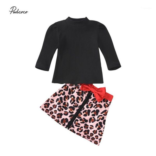 

2020 spring autumn fashion girls clothing 0-5y turtleneck long sleeve blacke sweaters+leopard print bow zipper skirt kids 2pcs1, White