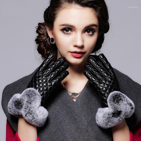 

five fingers gloves touch screen for woman winter warm genuine leather elegant ladies real fur sheepskin1, Blue;gray