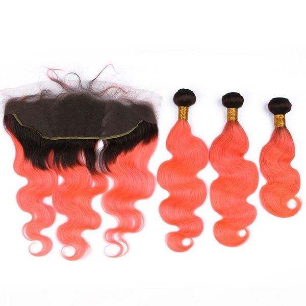 

body wave #1b orange ombre peruvian human hair weave bundles with frontal black and orange ombre 13x4 lace frontal closure with weaves, Black;brown