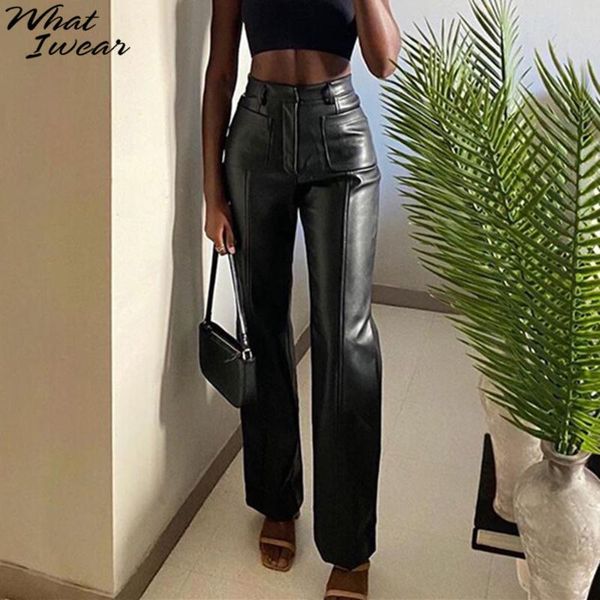 

осень кожезаменитель черного урожай брюки прямой женщины основной донная одежда брюки streetwear высокой талия сыпучего femme офис, Black;white