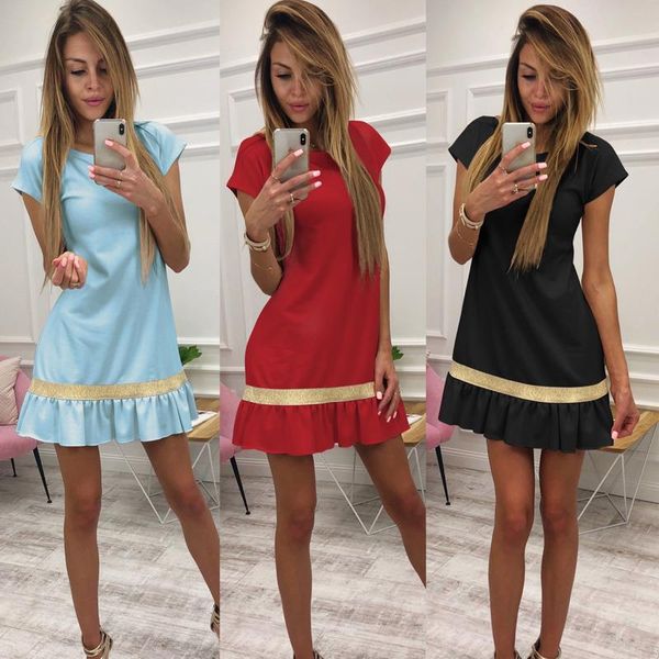

womail women patchwork fishtail short sleeve party dress body shapper small pleated casual shirt dress chic fashion dropship, Black;gray