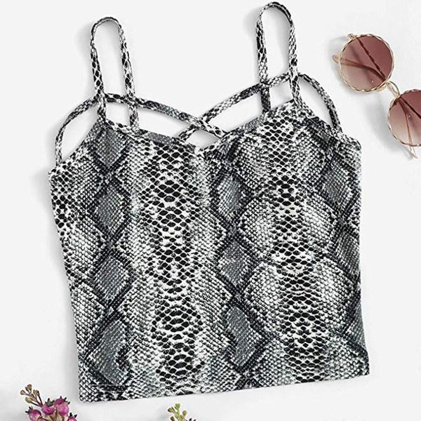 

women v neck snake print sleeveless cut out polyester keyhole leopard print cross crop camis hollow out club wear top, White