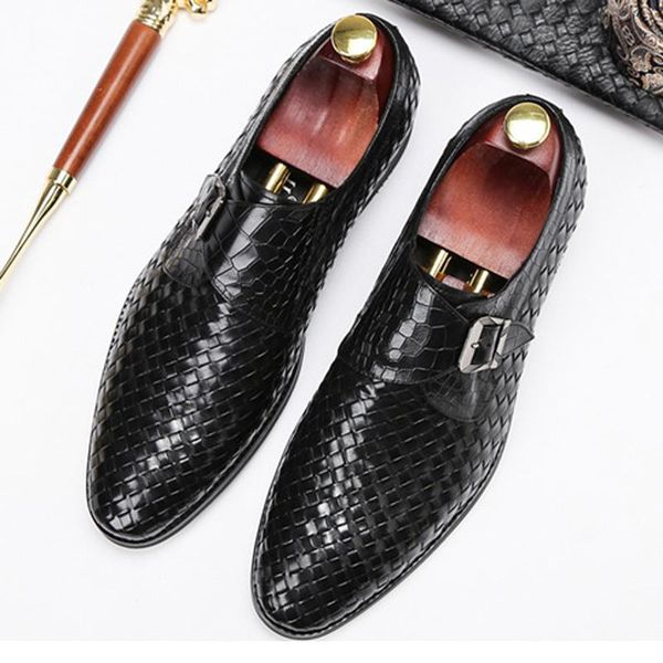 

dress shoes summer breathable man monk strap genuine leather formal buckle oxfords pointed toe men's handmade weave flats ss543, Black