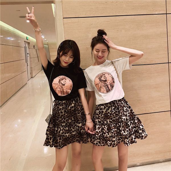 

foreign style printed short sleeve t-shirt set women's fashionable high waisted t-shirt skirt leopard print half length skirt set 4agls, Gray