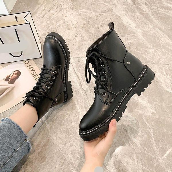 

lace up round toe flat heel riding boots shoes luxury designer boots-women ankle booties women med autumn fashion rock rubber, Black