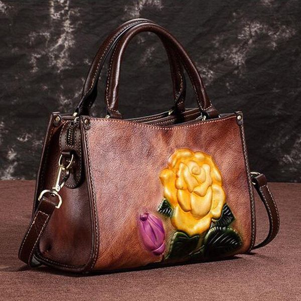 

genuine leather bag female handle messenger bags flower embossed retro design handbag natural skin women tote shoulder bag